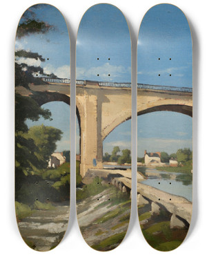 Triptych art skateboard deck of Henrijoseph Harpignies The Railroad Bridge At Briare by Henri Joseph Harpignies (1819-1916)