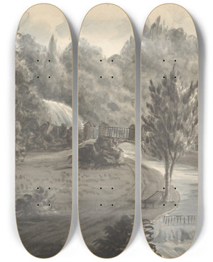 Triptych art skateboard deck of Anne Rushout In The Garden At Eastnor Castle September 29 1829 by Anne Rushout (1767-1849)
