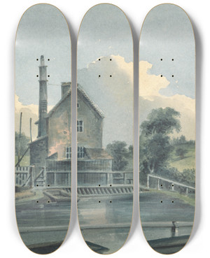Triptych art skateboard deck of John Hassell Sluice House Hornsey Middlesex by John Hassell (1767-1825)
