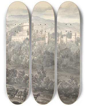 Triptych art skateboard deck of Anne Rushout Gwrich Castle From The Road August 1830 by Anne Rushout (1767-1849)