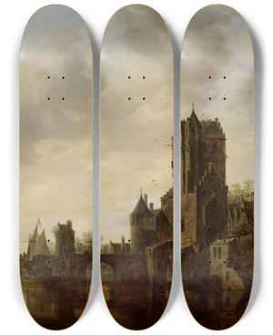 Triptych art skateboard deck of Jan Van Goyen River Landscape With The Pellecussen Gate Near Utrecht by Jan Van Goyen (1596-1656)