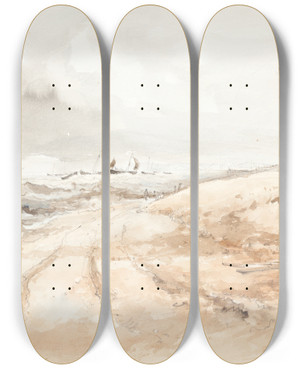 Triptych art skateboard deck of British 19Th Century Shore Scene With Boats In Choppy Water by British 19Th Century (19-)