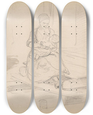 Triptych art skateboard deck of Adolph Tidemand Sittende Barn Mor Som Ammer Sitt Barn Leksand by Adolph Tidemand (1814-1876)