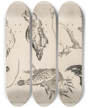 Triptych art skateboard deck of Flix Bracquemond Canards Poissons Etc by Felix Bracquemond (1833-1914)