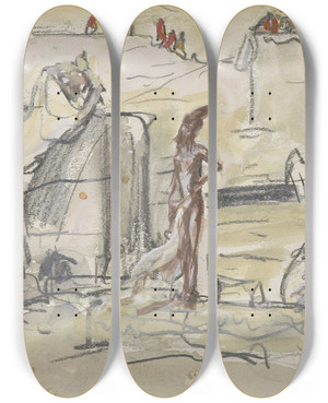 Triptych art skateboard deck of Marius Bauer Badende Indirs Aan De Oever Van De Ganges by Marius Bauer (1867-1932)