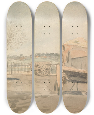 Triptych art skateboard deck of John Linnell The Farmyard by John Linnell (1792-1882)