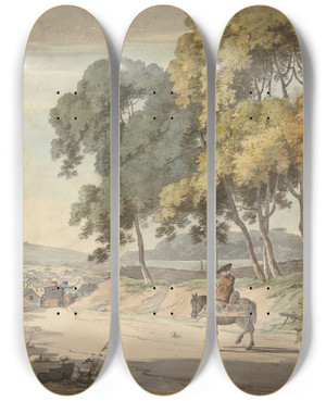 Triptych art skateboard deck of William Payne View Of Plymouth Taken From The Seven Trees Exeter Road by William Payne (1760-1830)