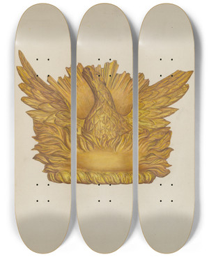 Triptych art skateboard deck of Harriette Gale Ornamental Wood Carving Eagle by Harriette Gale
