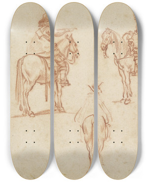 Triptych art skateboard deck of Jacques Callot Study Of Four Horsemen by Jacques Callot (1592-1635)