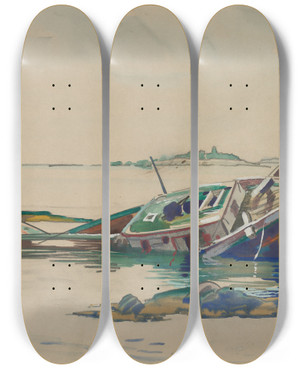 Triptych art skateboard deck of Frank Wilcox The Wreck by Frank Wilcox (1887-1964)