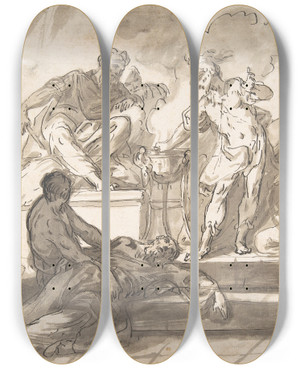 Triptych art skateboard deck of Marco Marcola Gaius Mucius Scaevola Thrusting His Right Hand Into Fire by Marco Marcola (1740-1793)
