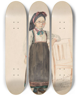 Triptych art skateboard deck of Adolph Tidemand Kvinne Med Tulleplagg Anne Jacobsdatter Dalen by Adolph Tidemand (1814-1876)