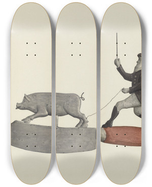 Triptych art skateboard deck of Laura Bilodeau Butchers Shop Sign by Laura Bilodeau