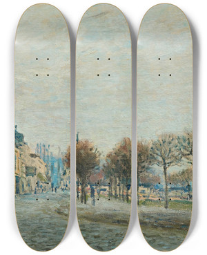 Triptych art skateboard deck of Alfred Sisley Portmarly Avant Linondation by Alfred Sisley (1840-1899)