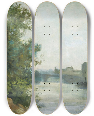 Triptych art skateboard deck of Stanislas Lpine La Seine Au Pont De Neuilly by Stanislas Lepine (1835-1892)