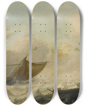 Triptych art skateboard deck of Pieter Mulier The Elder Fishing And Rowing Boats Among Choppy Waters by Pieter Mulier The Elder (1610-1659)
