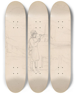 Triptych art skateboard deck of Adolph Tidemand Fiskere P Stranden by Adolph Tidemand (1814-1876)