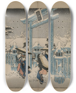 Triptych art skateboard deck of And Hiroshige Snow At The Gion Shrine From The Series Famous Places In Kyoto by Ando Hiroshige (1797-1858)