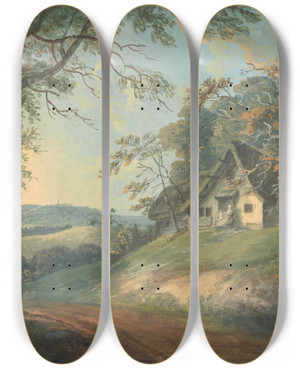 Triptych art skateboard deck of Thomas Stowers Cottage In A Landscape by Thomas Stowers