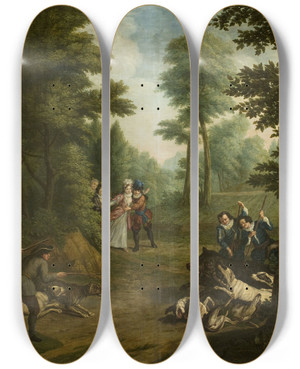 Triptych art skateboard deck of Peter Jacob Horemans Hunting A Wild Boar by Peter Jacob Horemans (1700-1776)