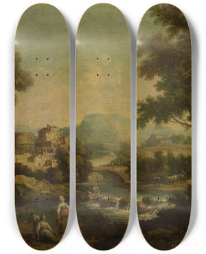 Triptych art skateboard deck of Francesco Zuccarelli Italian Landscape With A Mountain Stream by Francesco Zuccarelli (1702-1788)