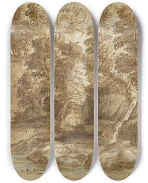 Triptych art skateboard deck of Cornelis Van Poelenburg Waldlandschaft Bei Tivoli by Cornelis Van Poelenburg