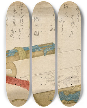 Triptych art skateboard deck of Kubo Shunman Antique Shop From The Series Famous Goods Of Edo Byshunman by Kubo Shunman (1757-1820)