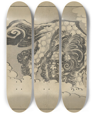 Triptych art skateboard deck of Katsushika Hokusai Shishi Zu by Katsushika Hokusai (1760-1849)