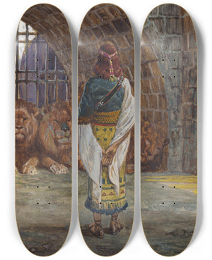 Triptych art skateboard deck of James Tissot Daniel In The Lions Den by James Tissot (1836-1902)