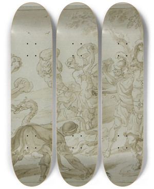 Triptych art skateboard deck of Abraham Bloemaert Roman Soldiers Stoning A Serpent by Abraham Bloemaert (1564-1651)