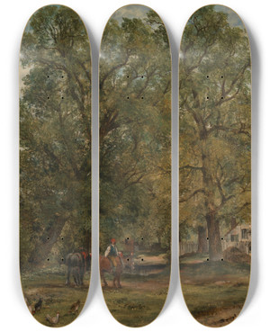 Triptych art skateboard deck of Frederick Waters Watts Landscape With Cottages by Frederick Waters Watts (1800-1870)