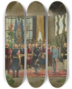 Triptych art skateboard deck of Antoni Kozakiewicz The Emperor Welcomed At The Train Station In Lviv From The Series Inspection Trip Of Emperor Franz Joseph I Around Galicia In September 1880 by Antoni Kozakiewicz (1841-1929)