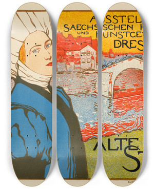 Triptych art skateboard deck of Otto Fischer La Vielle Ville by Otto Fischer (1870-1947)