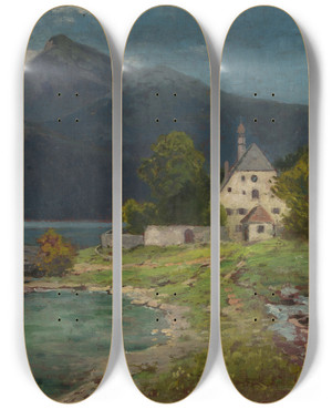 Triptych art skateboard deck of Carl Ernst Morgenstern Landscape With A Lake In The Mountains by Carl Ernst Morgenstern (1847-1928)