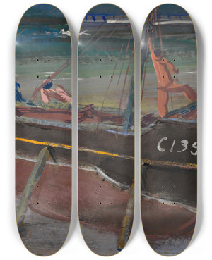 Triptych art skateboard deck of Alexandre Jacovleff Moored Boat by Alexandre Jacovleff (1887-1938)