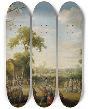 Triptych art skateboard deck of Joost Cornelisz Droochsloot Village Scene by Joost Cornelisz Droochsloot (1586-1666)