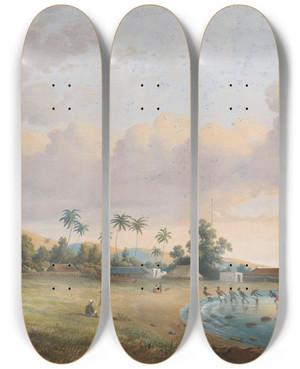 Triptych art skateboard deck of Charles William Meredith Van De Velde Gezicht Te Anjer Java by Charles William Meredith van de Velde (1818-1898)