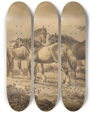 Triptych art skateboard deck of Charles Towne Landscape With Horses And Men by Charles Towne (1763-1840)