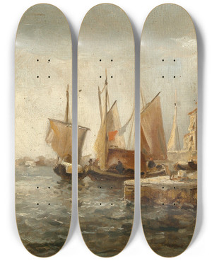 Triptych art skateboard deck of Leontine Von Littrow Fishermen In The Harbour Of Volosco by Leontine Von Littrow (1860-1914)