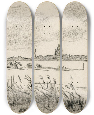 Triptych art skateboard deck of Adolf Le Comte Gezicht Op Dorp Aan Een Meer by Adolf Le Comte (1850-1921)
