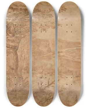 Triptych art skateboard deck of Pieter Brueghel The Elder Landscape With Pilgrims by Pieter Brueghel the elder