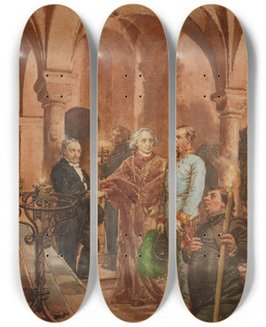 Triptych art skateboard deck of Jan Matejko The Emperor In Front Of The Sarcophagus Of John Iii Sobieski In Saint Leonards Crypt Under The Wawel Cathedral by Jan Matejko (1838-1893)