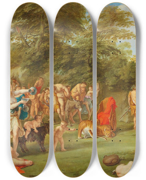 Triptych art skateboard deck of Peter Van Halen The Feast Of Bacchus And Ariadne On The Island Of Lemnos by Peter Van Halen (1612-1687)