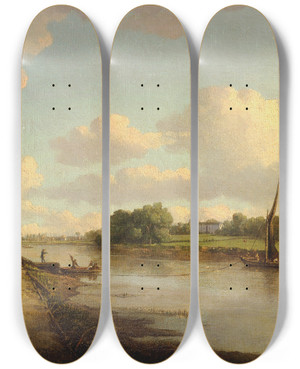 Triptych art skateboard deck of William Marlow View On The River Thames At Richmond by William Marlow (1740-1813)