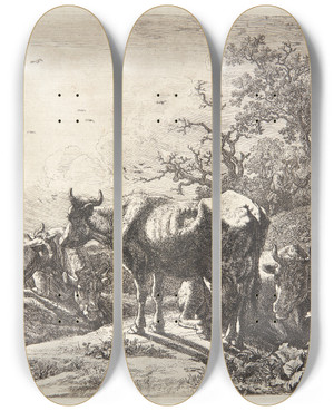 Triptych art skateboard deck of Paulus Potter Kohyrden_1 by Paulus Potter (1625-1654)