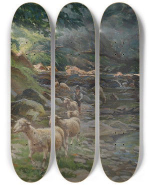 Triptych art skateboard deck of Ruggero Panerai Schafherde Und Kleine Hirten Am Bachufer by Ruggero Panerai (1862-1923)