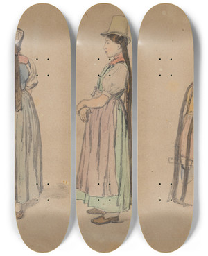 Triptych art skateboard deck of Johann Baptist Kirner Drei Figurenstudien Einer Buerin In Triberger Tracht by Johann Baptist Kirner (1806-1866)