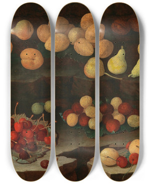 Triptych art skateboard deck of Lombard School Apricots Pears Cherries And Plums On A Ledge by Lombard School