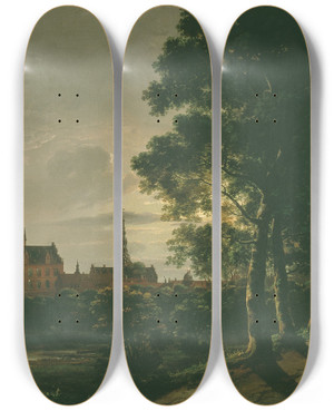 Triptych art skateboard deck of Johan Christian Dahl Frederiksborg Castle By Moonlight_1 by Johan Christian Dahl (1788-1857)