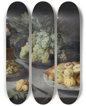 Triptych art skateboard deck of Osias Beert The Elder Still Life Of Grapes And Other Fruits With A Knife Faon De Venise Wineglasses And Other Objects On A Draped Table by Osias Beert The Elder (1580-1624)